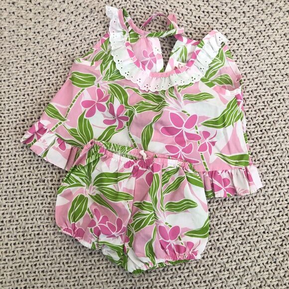 ALOHA Hawaiian Floral 6 Months Baby Set Island USA Tropical pink green white - Picture 3 of 8